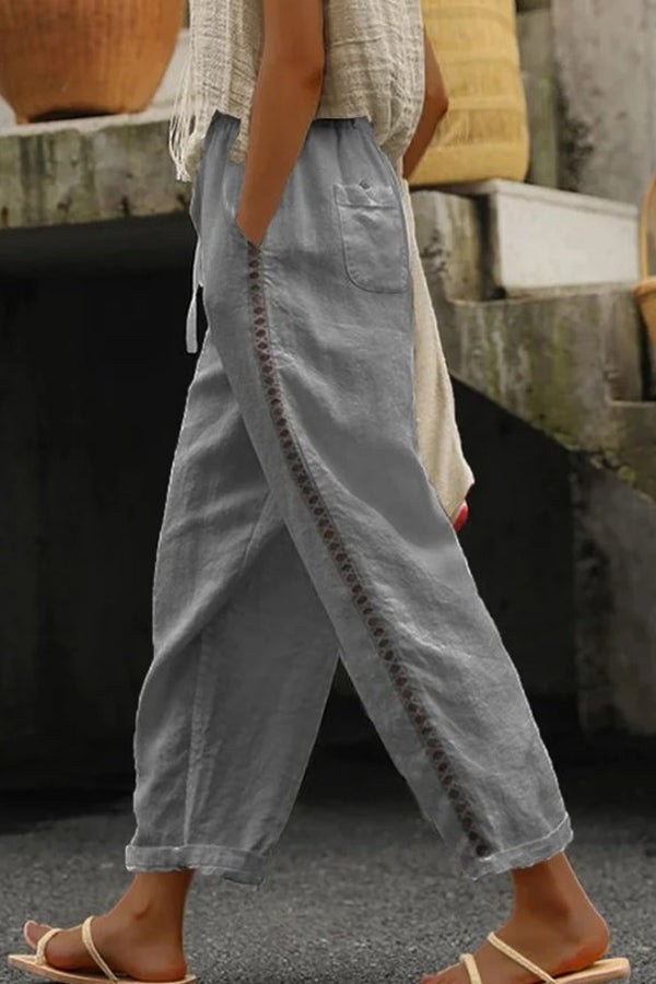 Casual Hollow Out Lace Patch Linen Pants