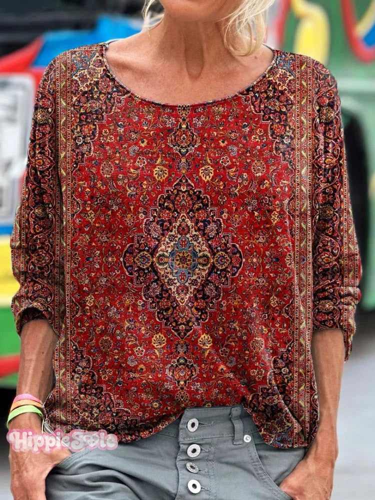 Vintage Ethic Print V-neck Casual T-Shirt