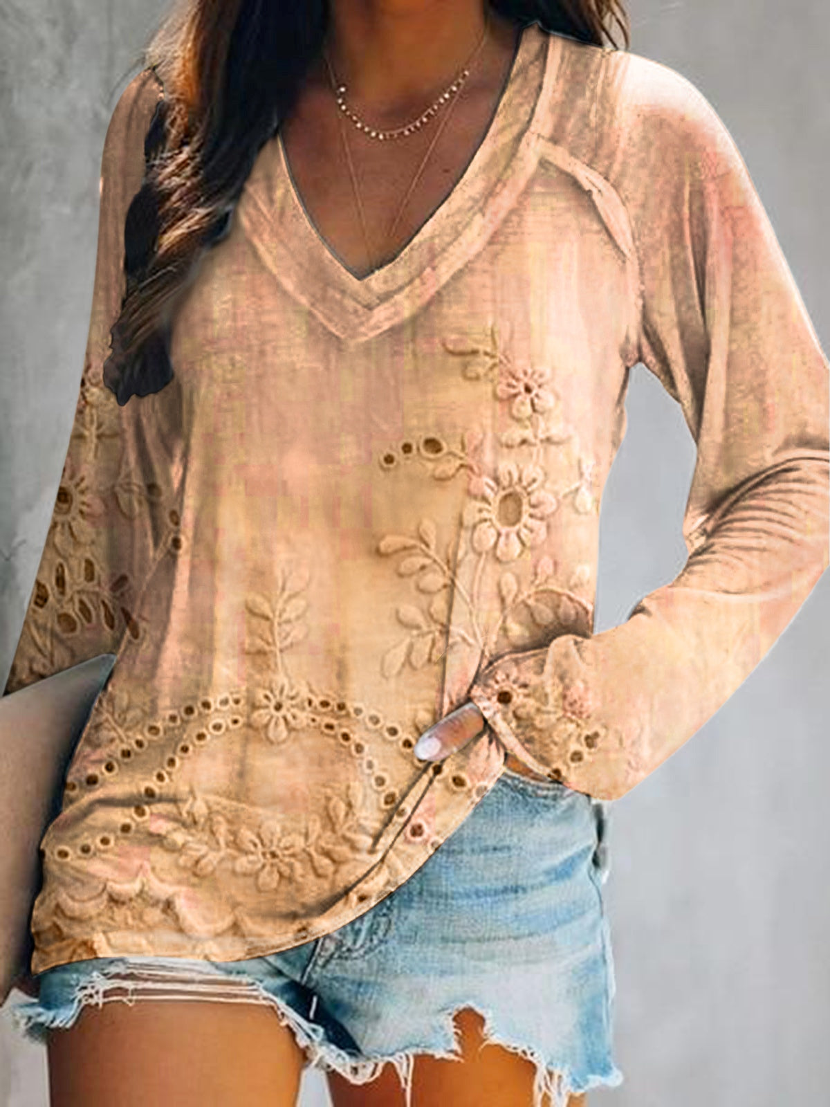 Women's Vintage Floral Texture Art Print V Neck Long Sleeve Tops