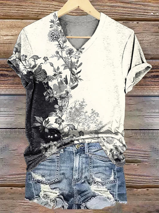 Women's Floral Art Print V-Neck Casual T-Shirt