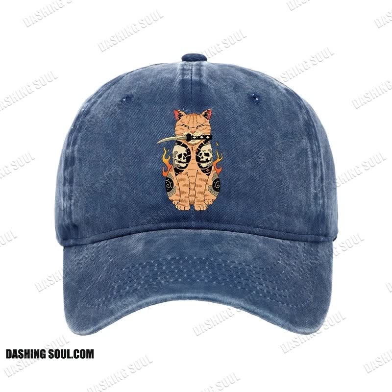Unisex 100% Cotton Catana Cat Skull Tattooed Samurai Vintage Print Cap