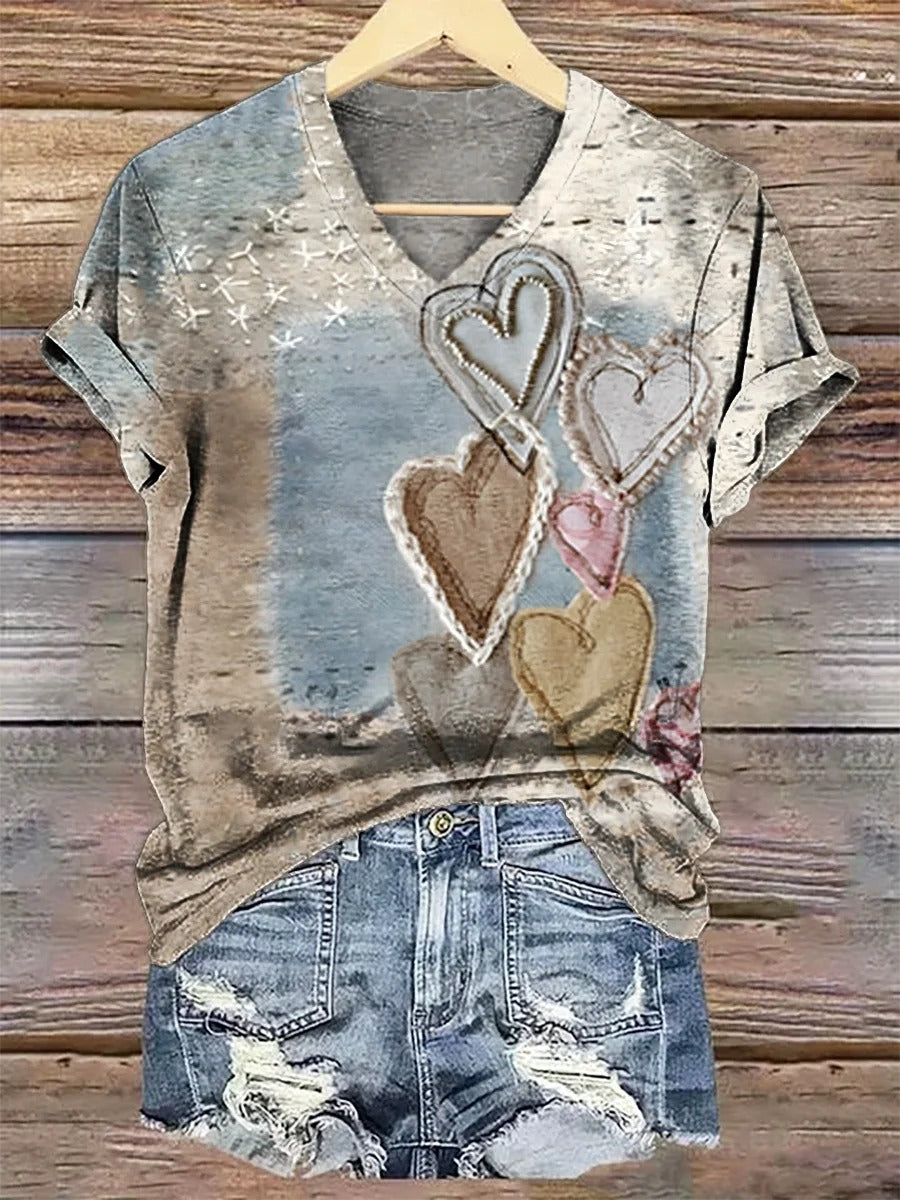 Valentine'S Day Vintage Heart Pattern Print Crew Neck T-shirt