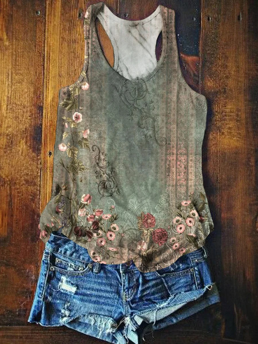 Women's Retro Ethnic Flowers Print V-neck Casual T-Shirt