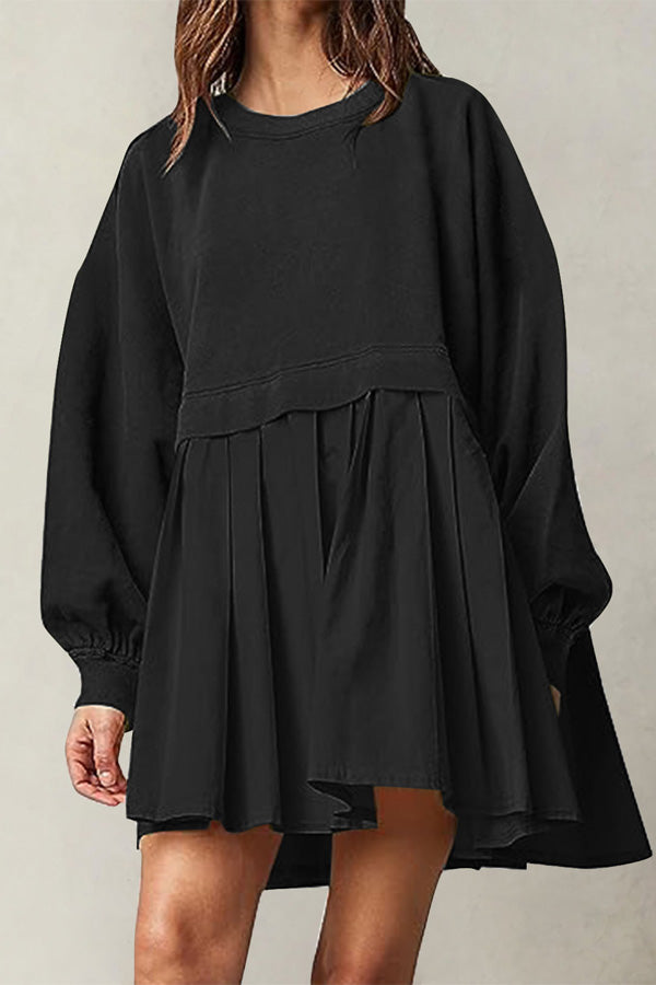Solid Long Sleeve Pleated Loose Mini Dress