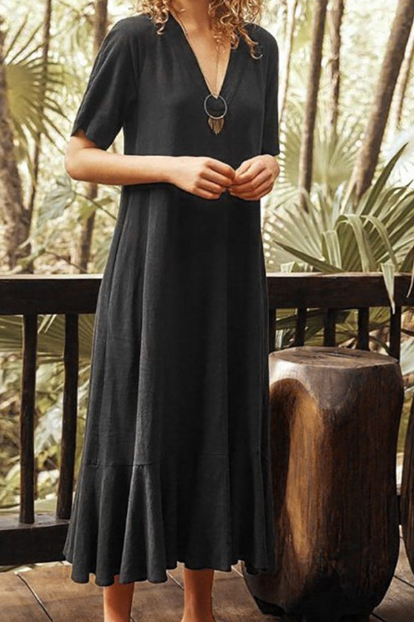 Casual Short Sleeve V-Neck Ruffle Hem Midi Dress