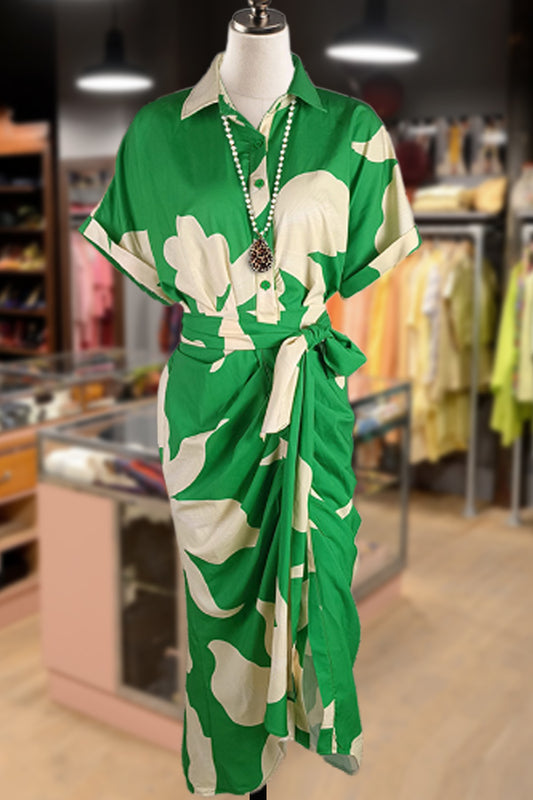 Casual Print Collared Belted Shirt Dress