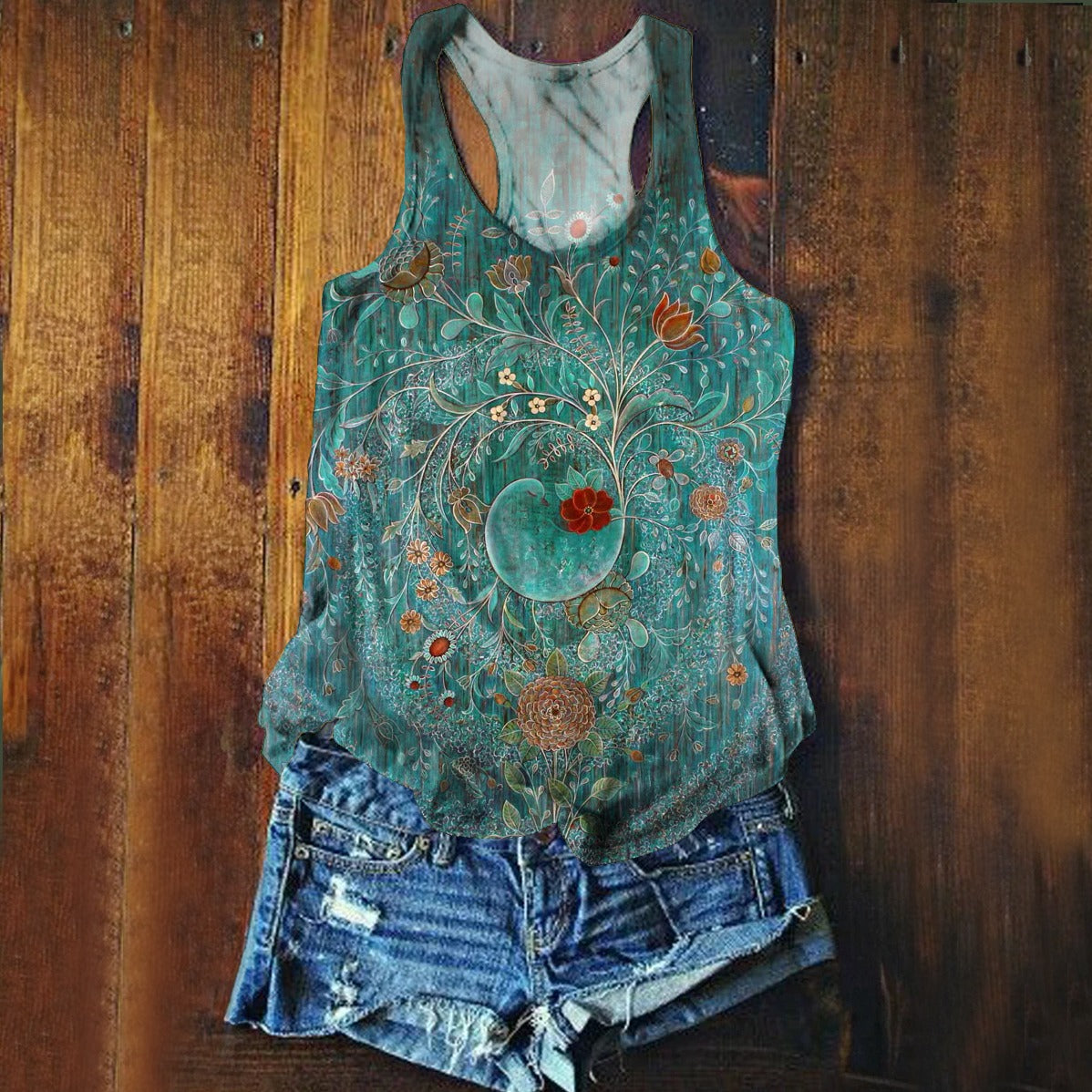 Women's Vintage Floral Art Print V-neck Casual T-Shirt-1