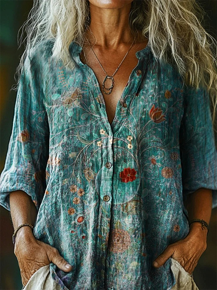 Women's Vintage Floral Art Print V-neck Casual T-Shirt-1